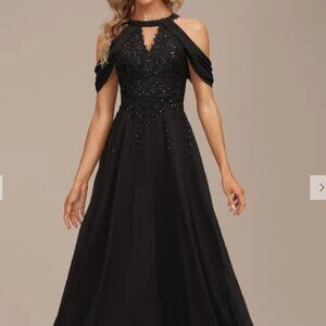 Black Formal Long Lace Chiffon Sequins Dress Size US 10
